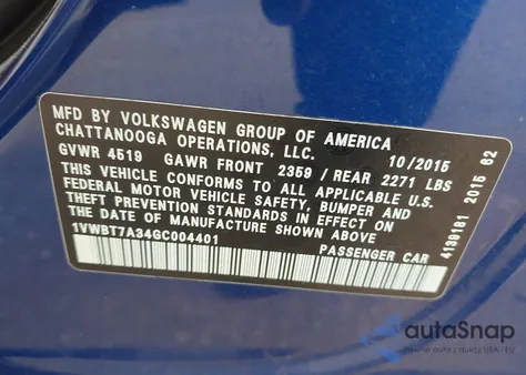 2016 Volkswagen Passat 1.8T Se из США, поврежденный, VIN 1VWBT7A34GC004401